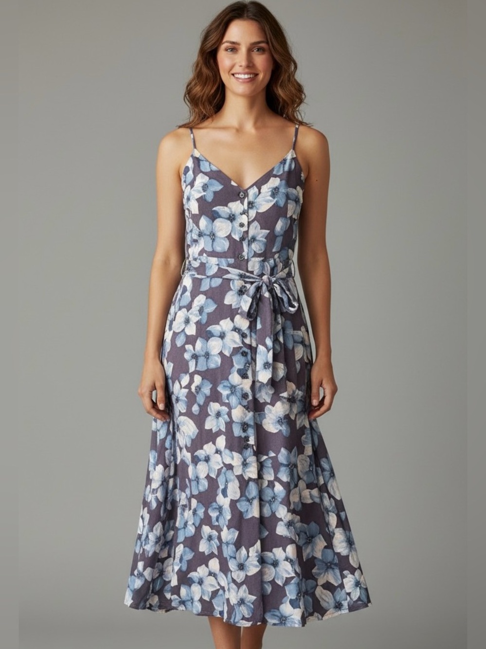 Reformation Floral Button Front Maxi Dress Tie Waist Blue Black Size 6 USA